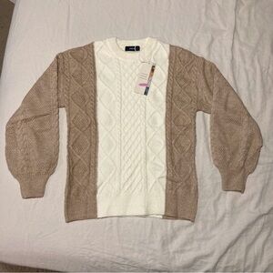 Dokotoo Tan and Cream Cable Knit Crew Neck Sweater with Puff Sleeves